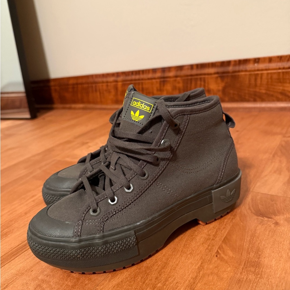 adidas dark gray High-Top Platform Canvas Sneakers with Yellow Logo
